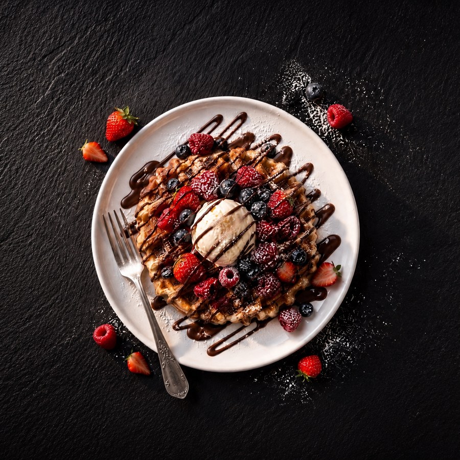 Waffel à la Aşk-ı mit Eis, Beeren und Schokosoße